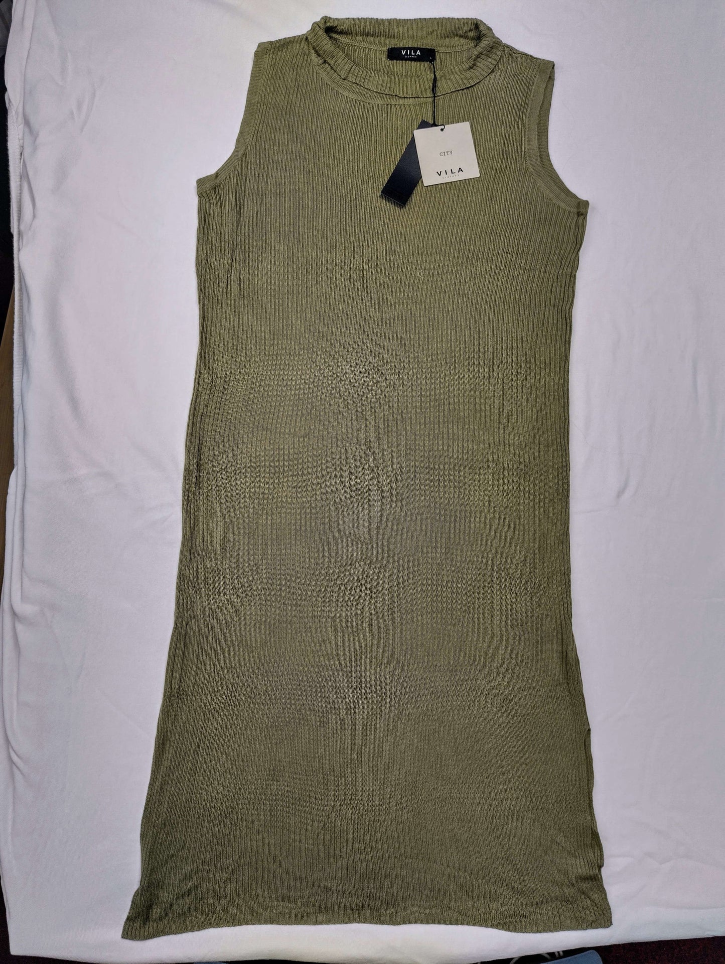 VILA Olive Green Ribbed Knit Dress front view