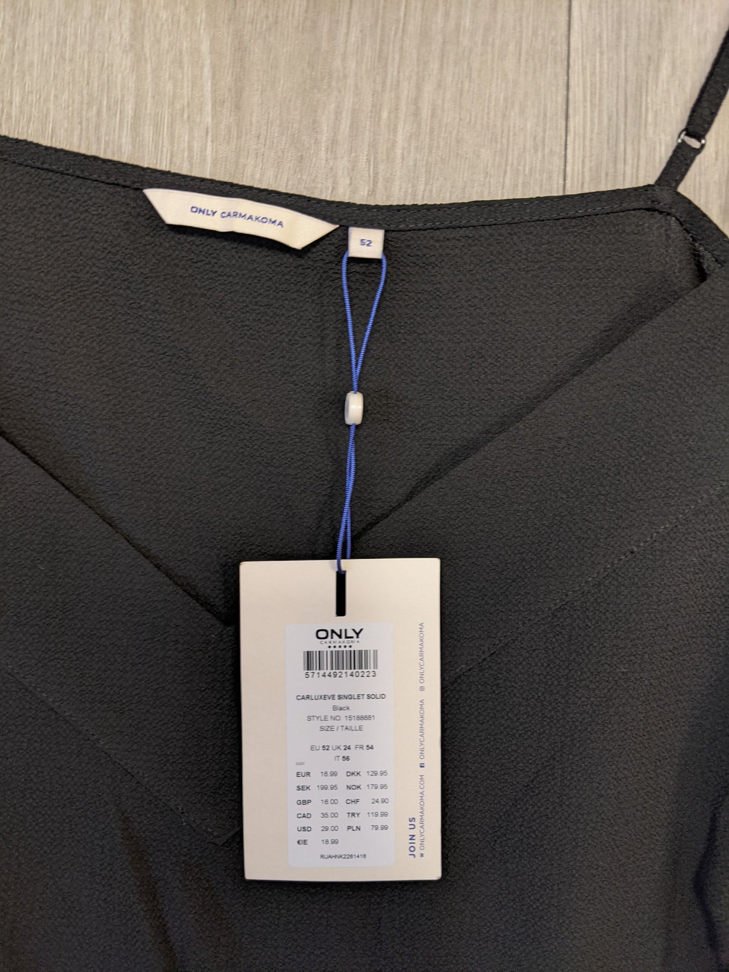 Camisole top tag and size details