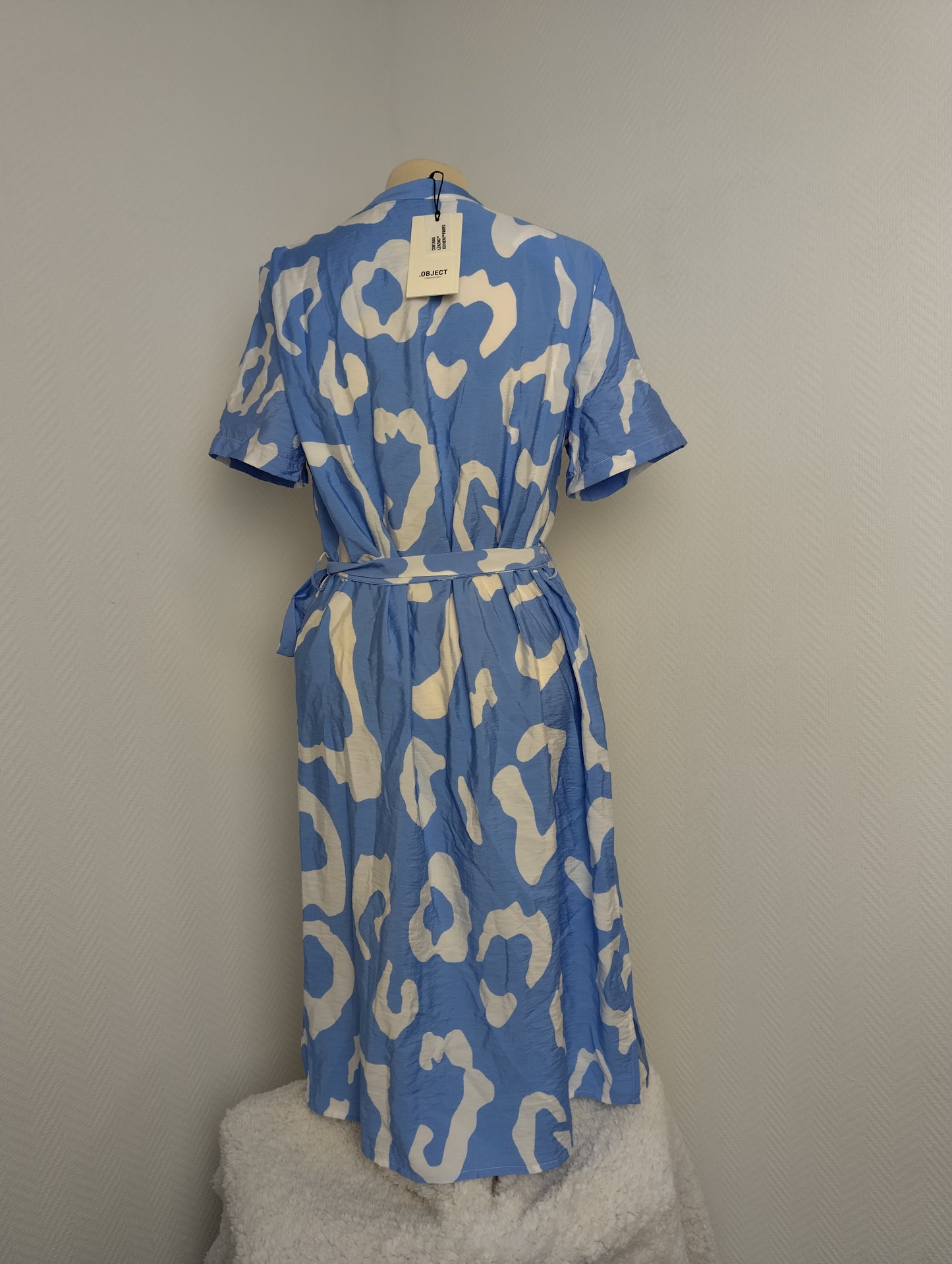 Back view of blue and white shirt dress