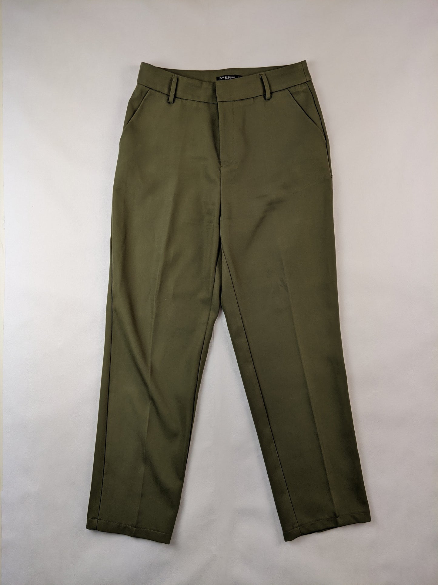 Front view of olive green trousers