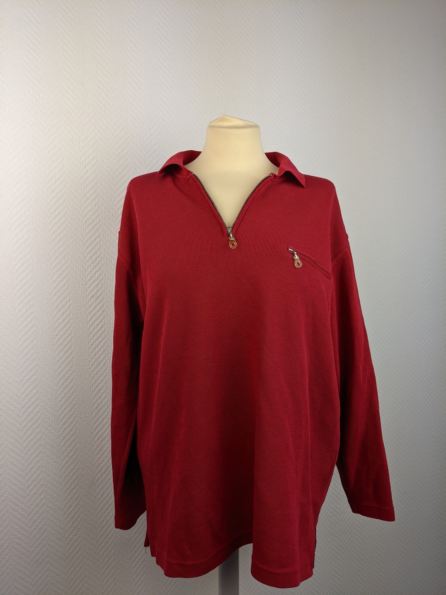 Front view of red long-sleeve sweater