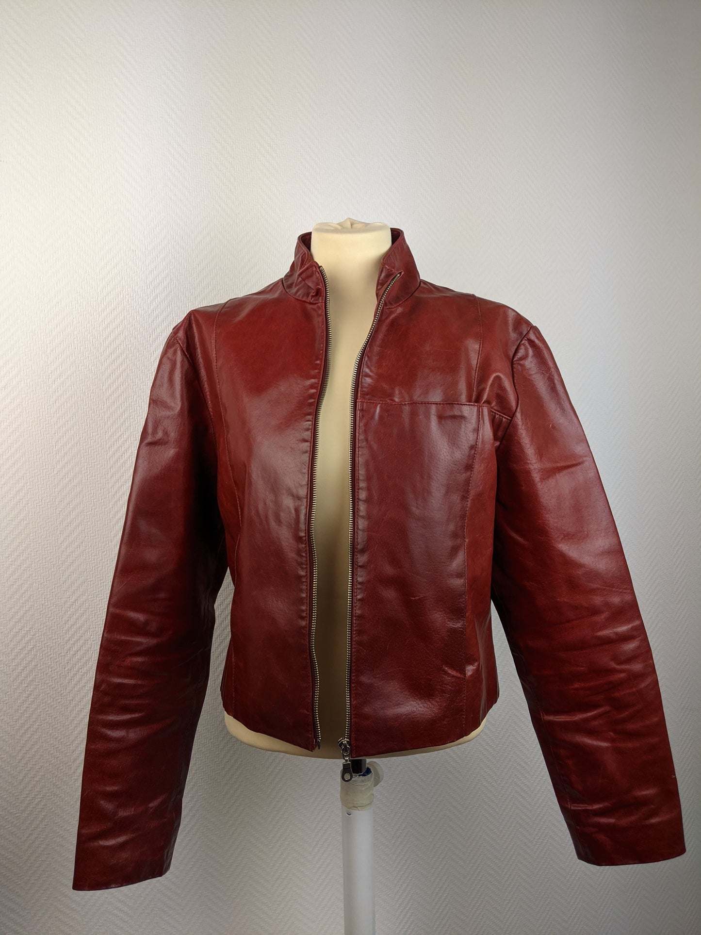 Front view of red leather jacket