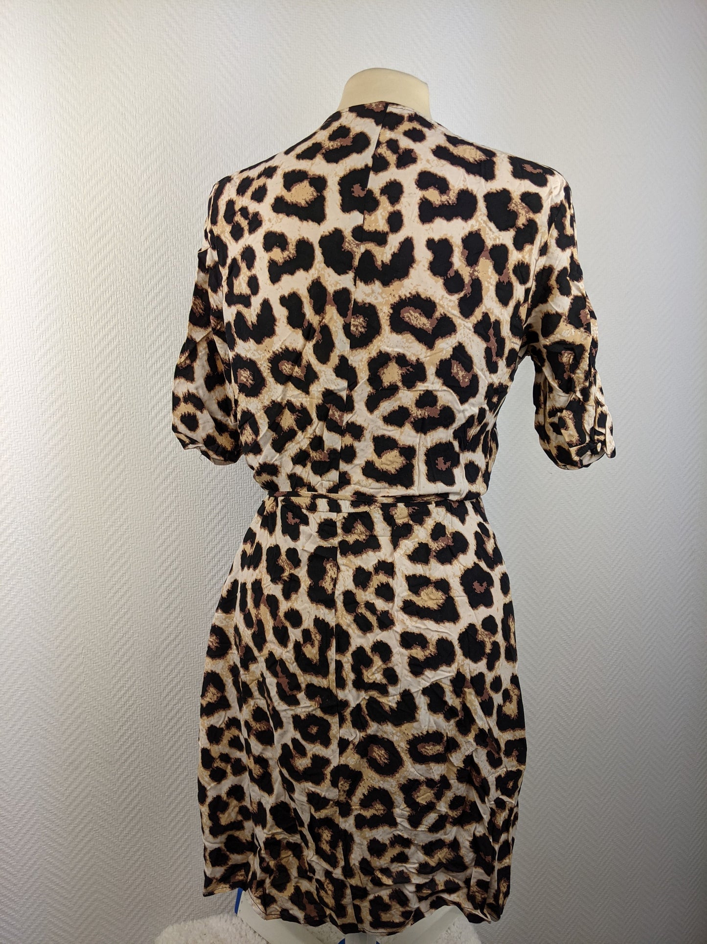 Leopard print wrap dress, back view