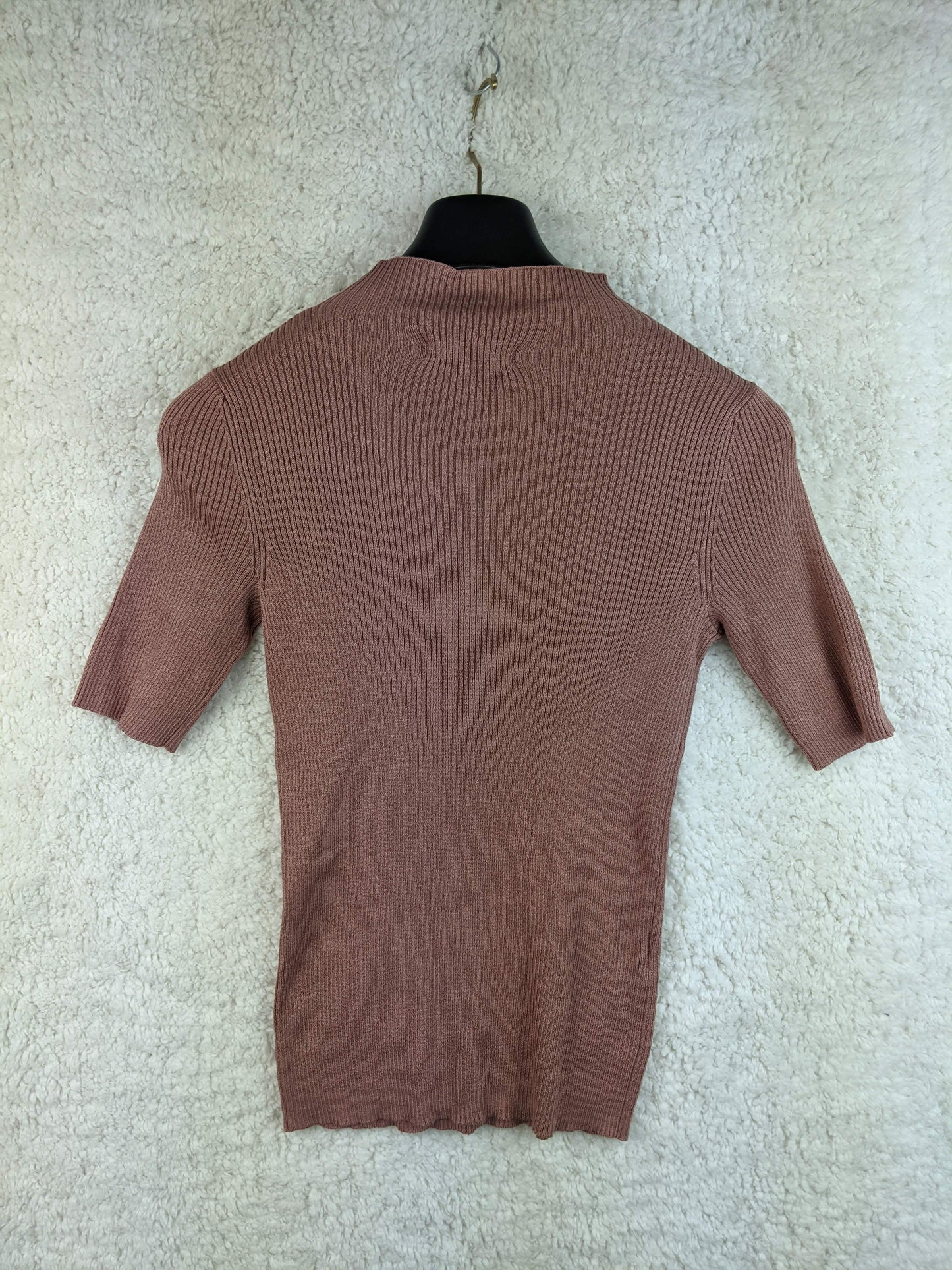 Back view of MNG ribbed mock neck top in mauve