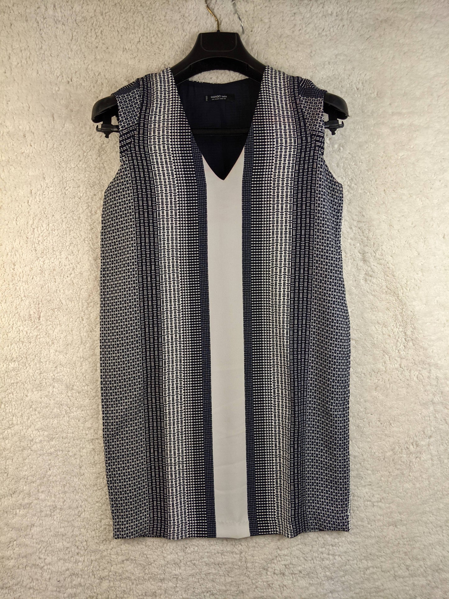 Front view of Mango Basics navy striped sleeveless dress