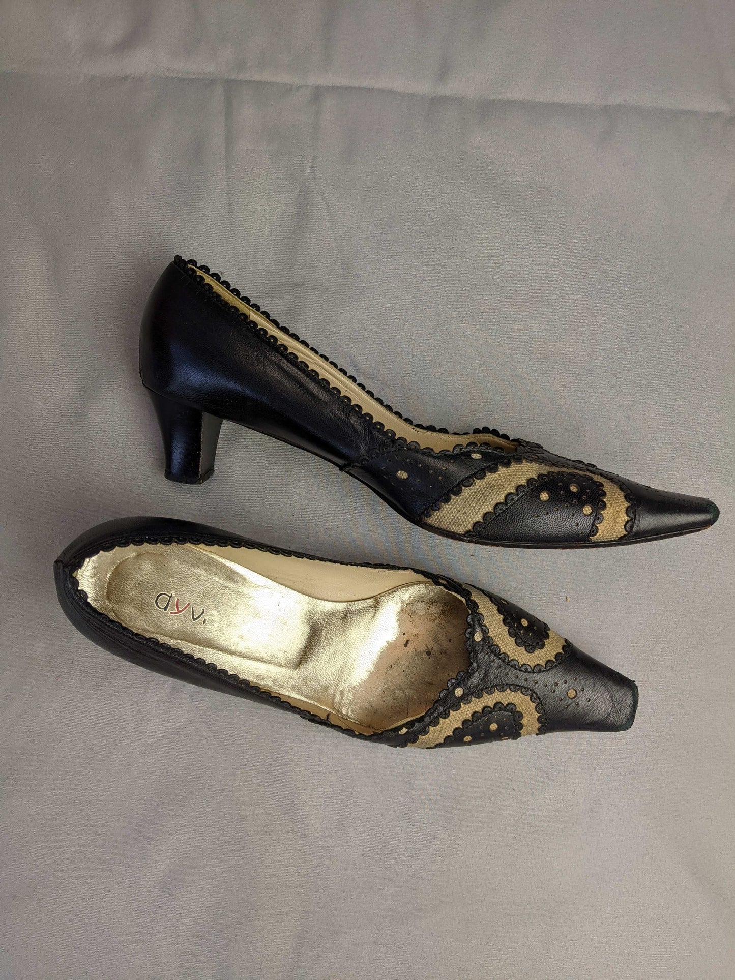 Side view of black leather heels with heel detail