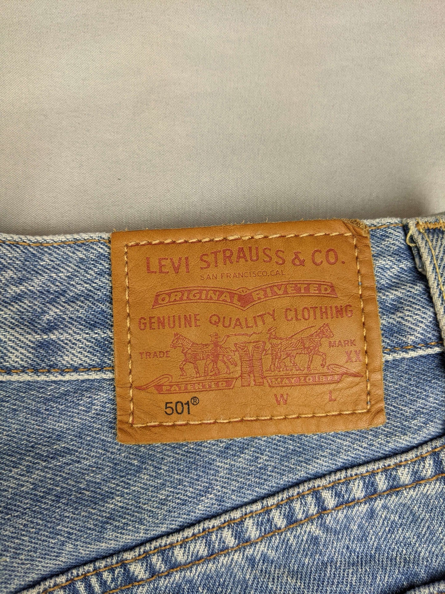 Close-up of Levi's patch on shorts