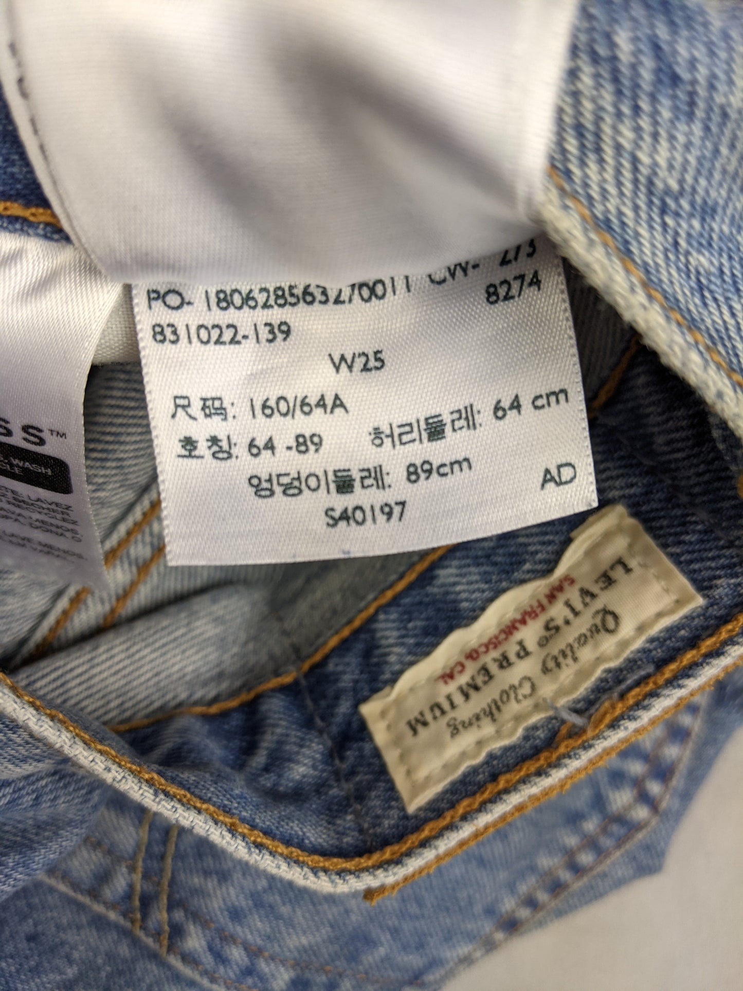 Close-up of Levi's shorts size label