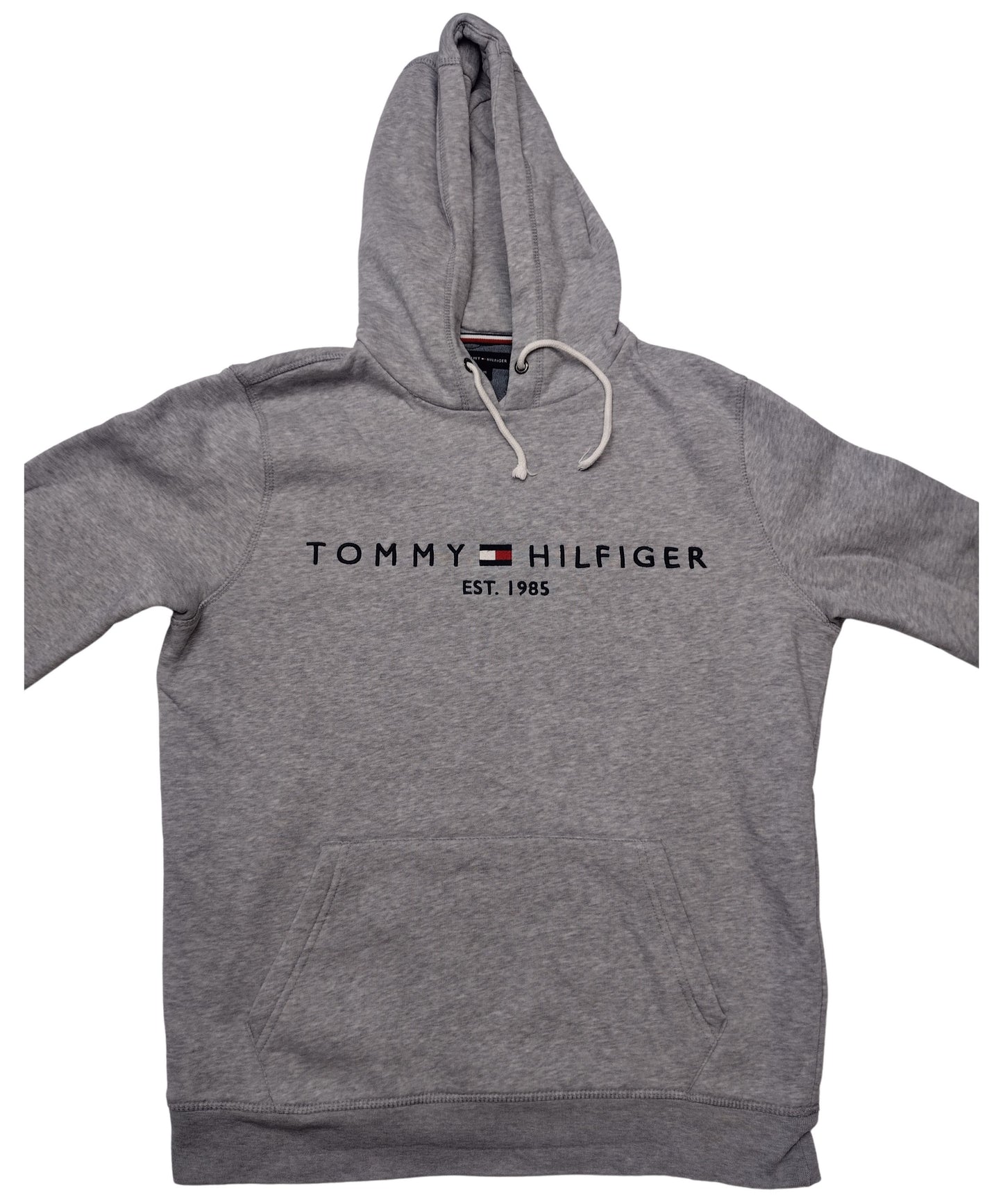 Front view of grey hoodie with logo