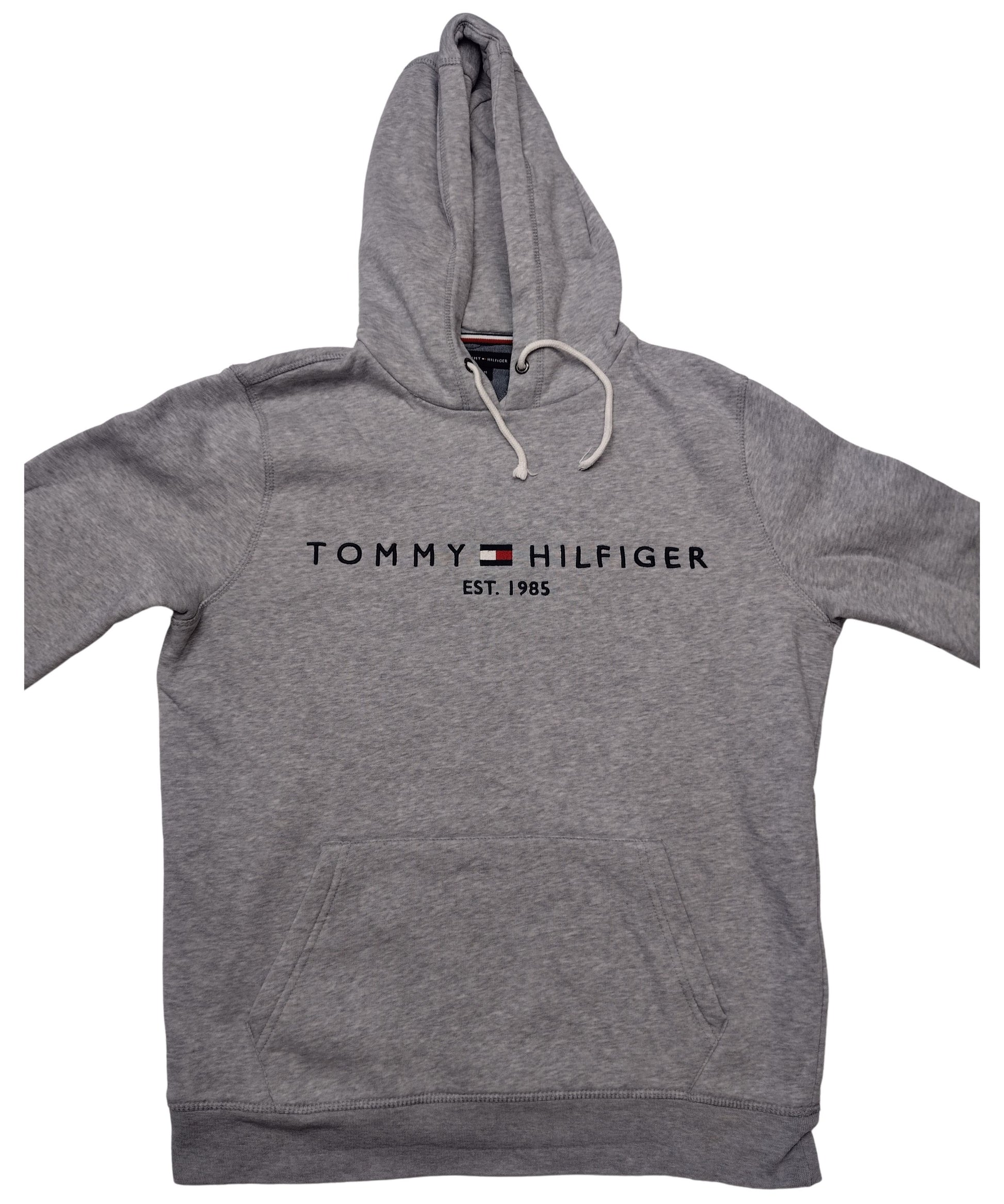 Front view of grey hoodie with logo