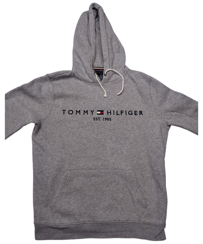 Front view of grey hoodie with logo