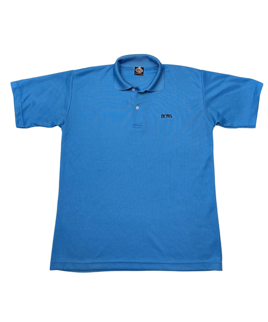 View of front of blue BOSS polo shirt