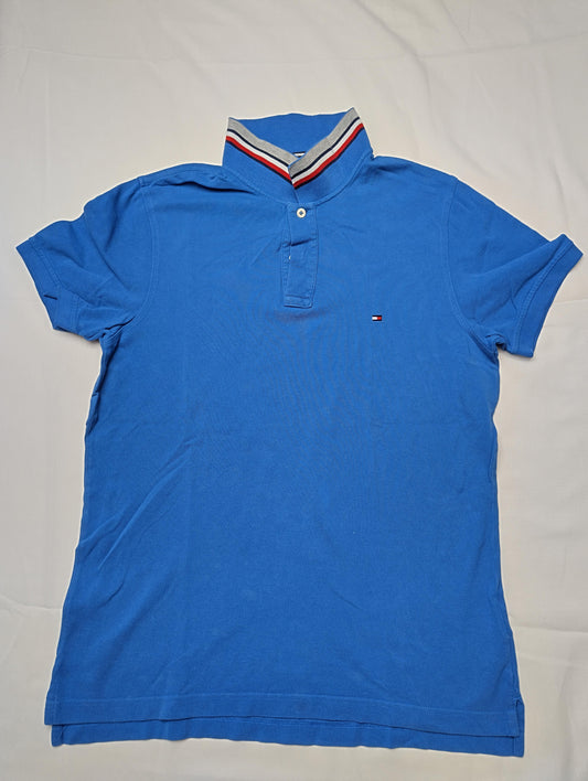 Front view of blue polo shirt