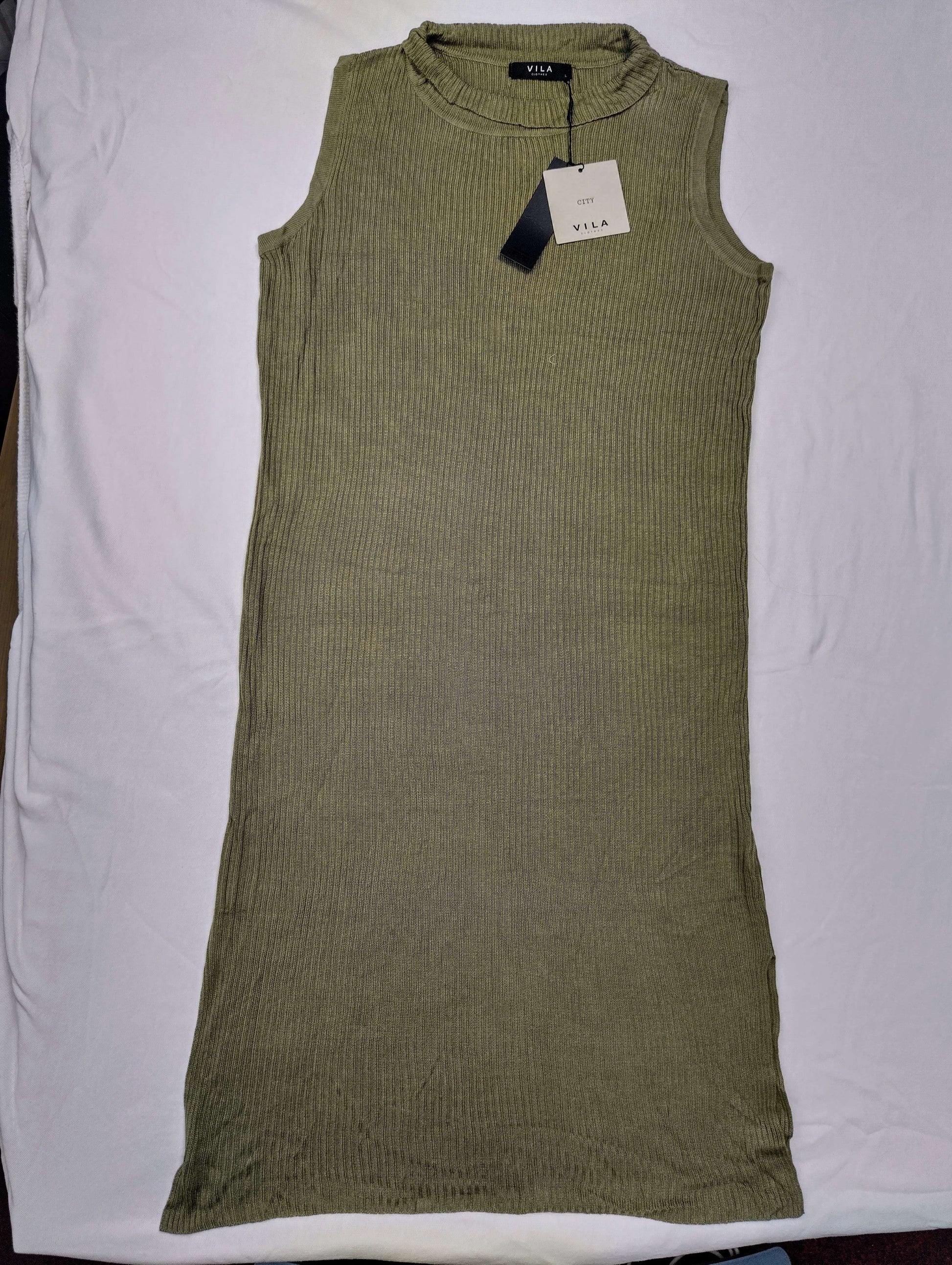 VILA Olive Green Ribbed Knit Dress front view