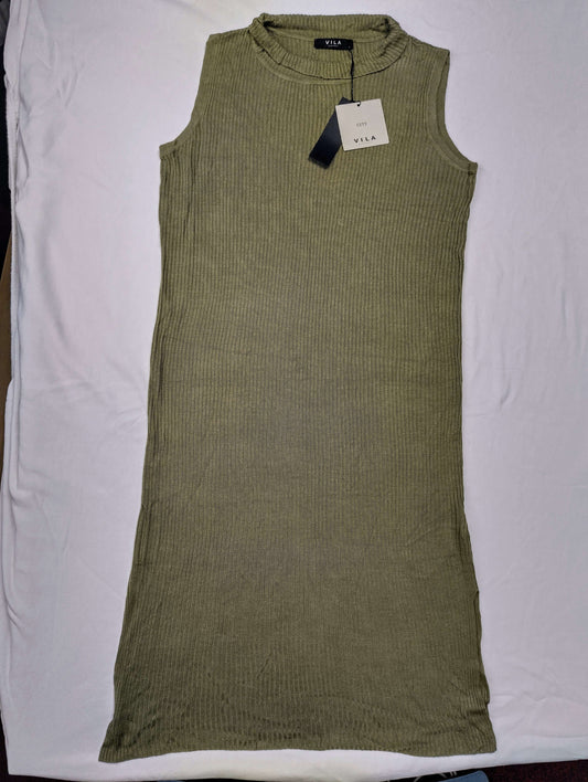 VILA Olive Green Ribbed Knit Dress front view