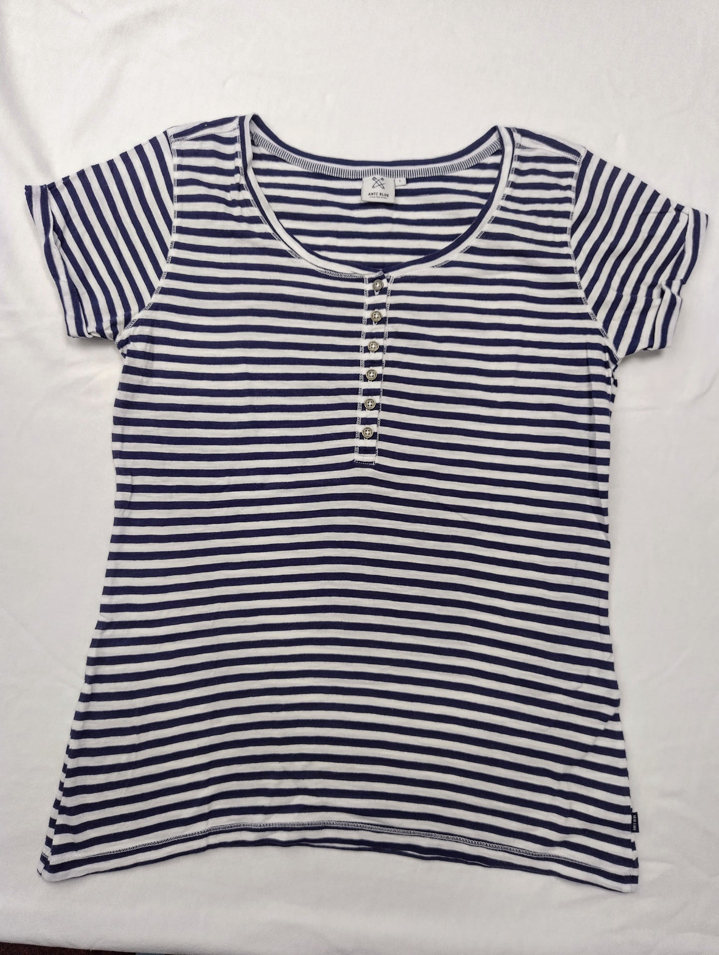 Navy striped henley tee front view