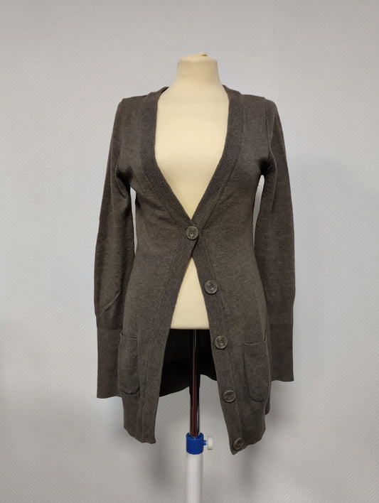 Front view of a cozy brown cardigan