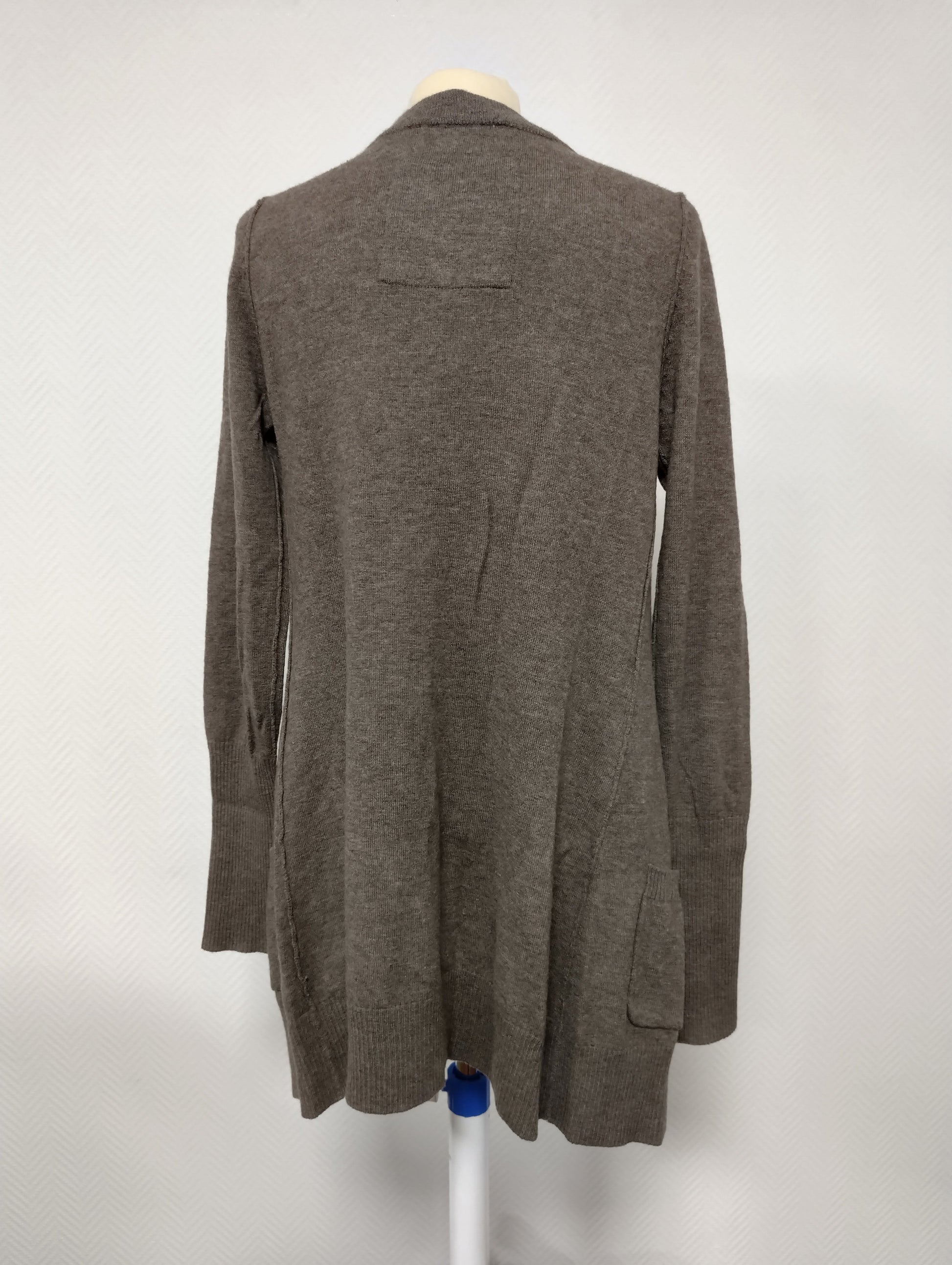 Back view of a cozy brown cardigan