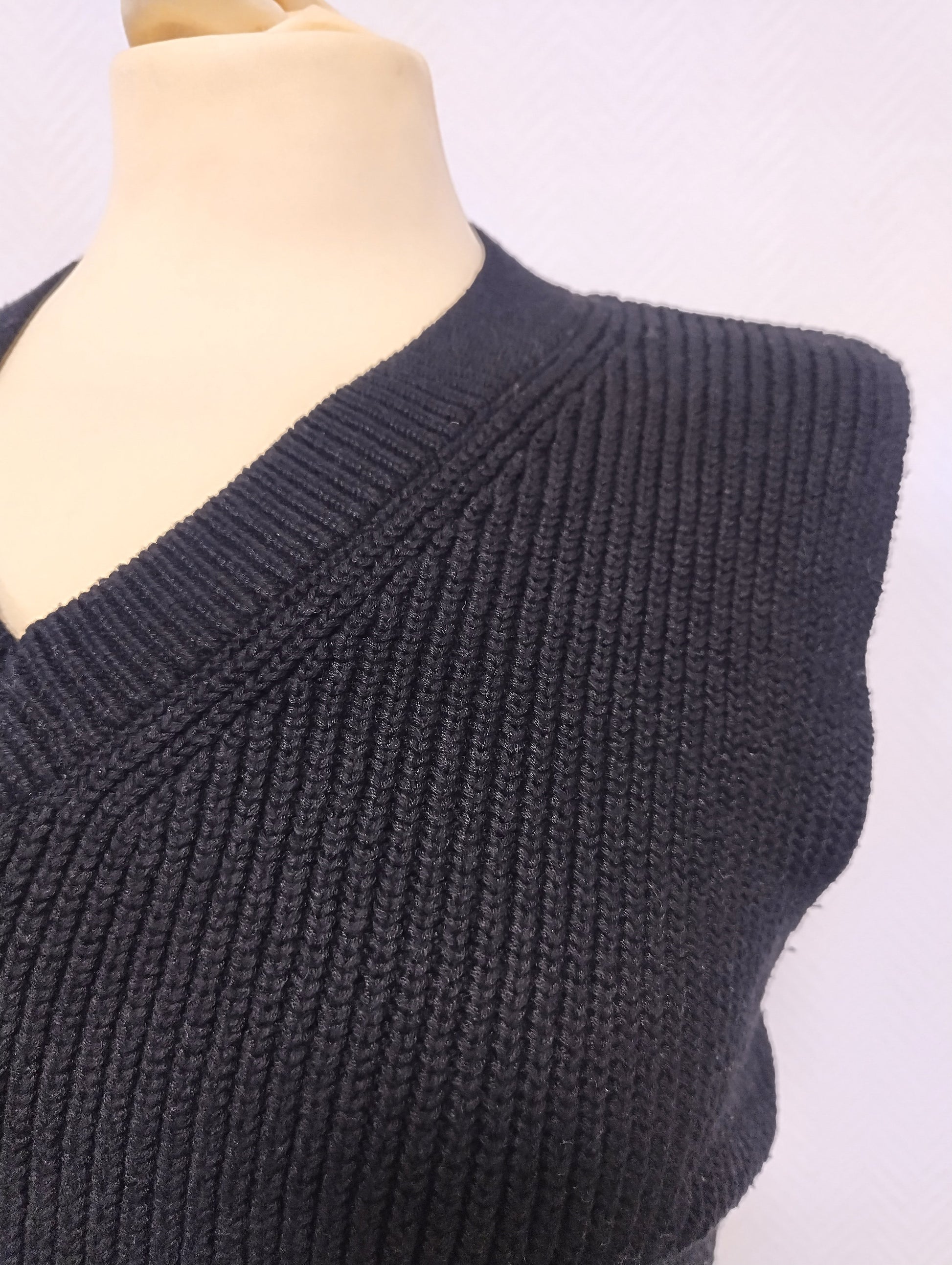 Close-up of the knit texture and v-neckline