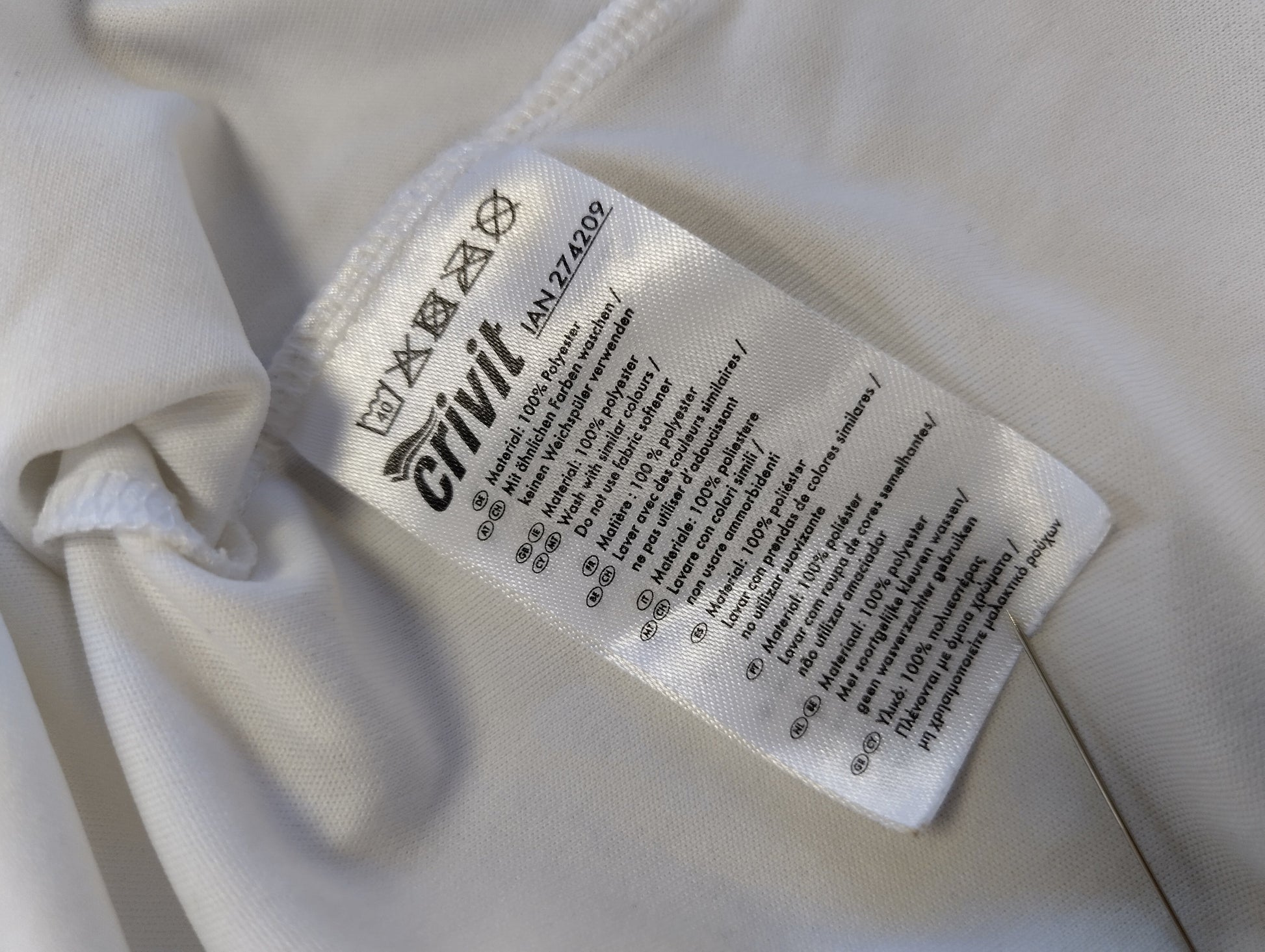 Close up of the care label and fabric composition