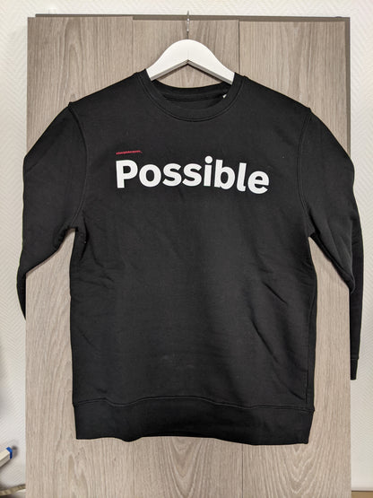 Front view of black sweatshirt with 'Possible' print