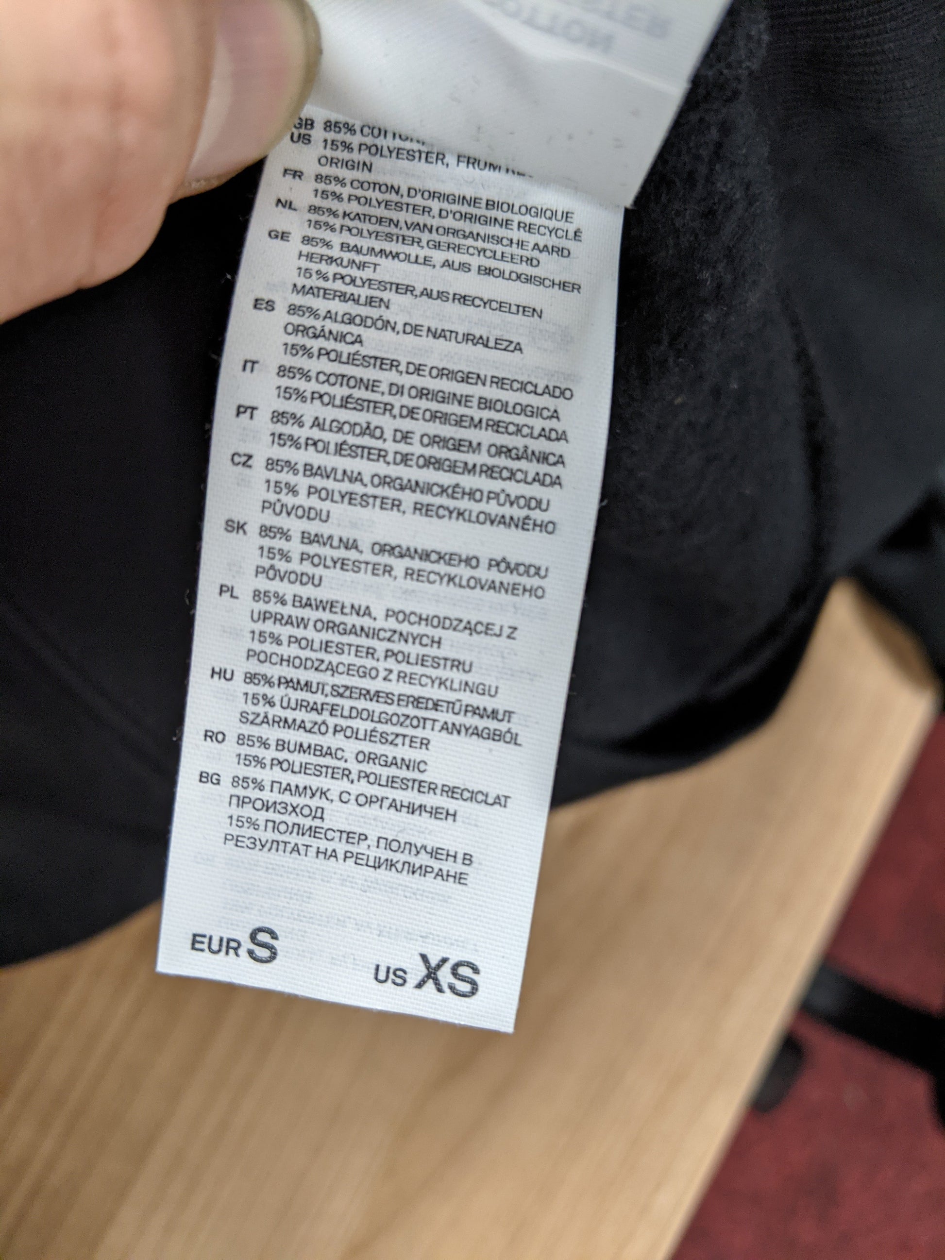 Care label showing material details of sweatshirt