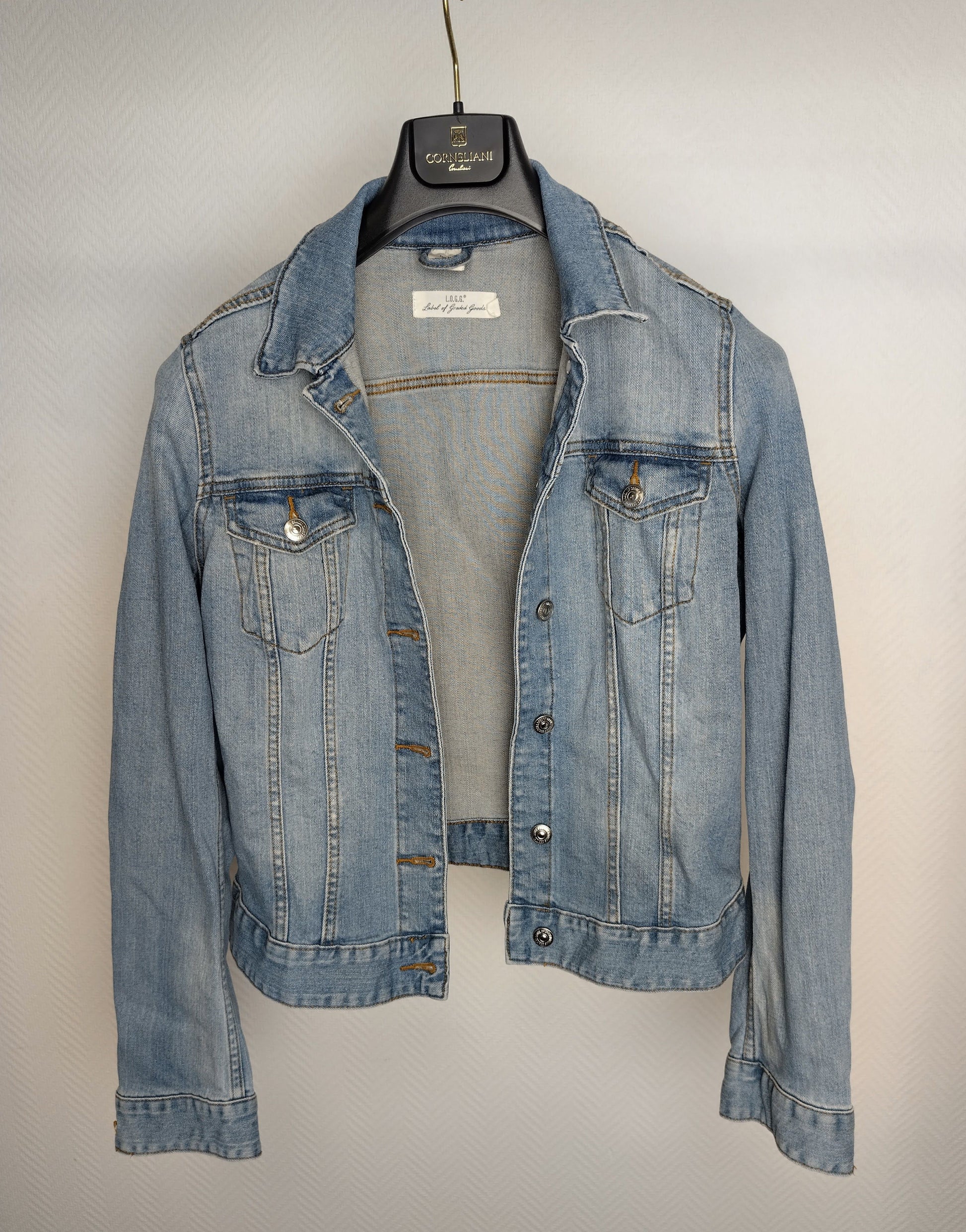 Close-up of front view showing buttons and pockets