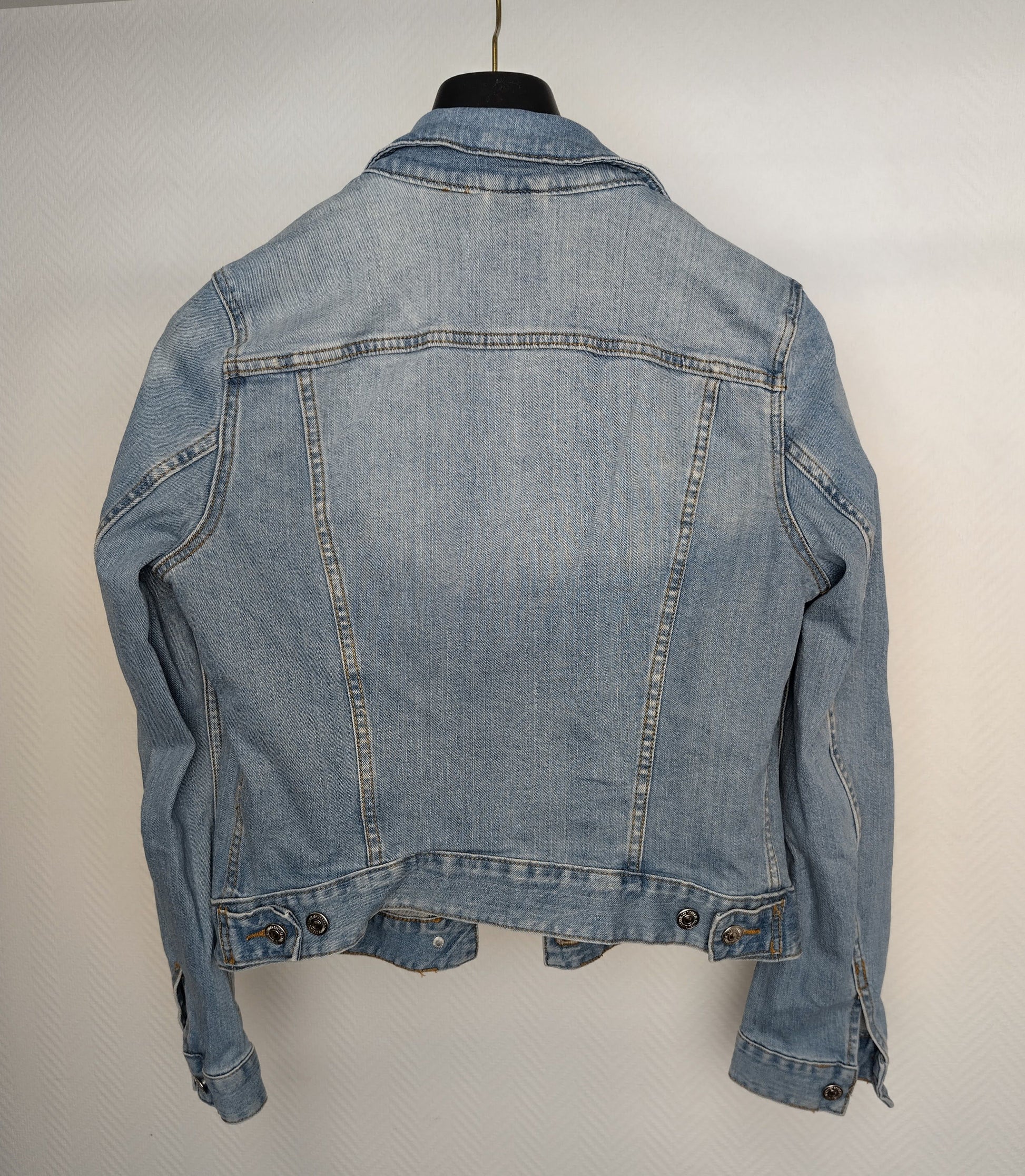 Back view of light blue denim jacket