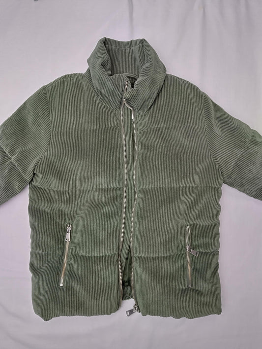 Front view of olive green corduroy jacket