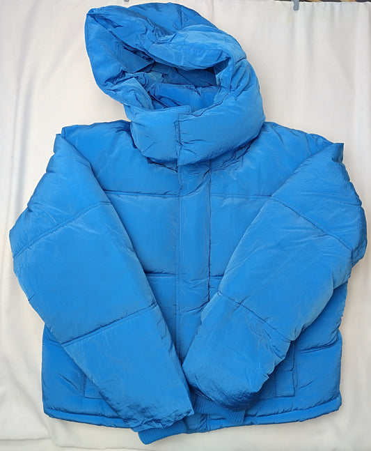 Front view of blue puffer jacket