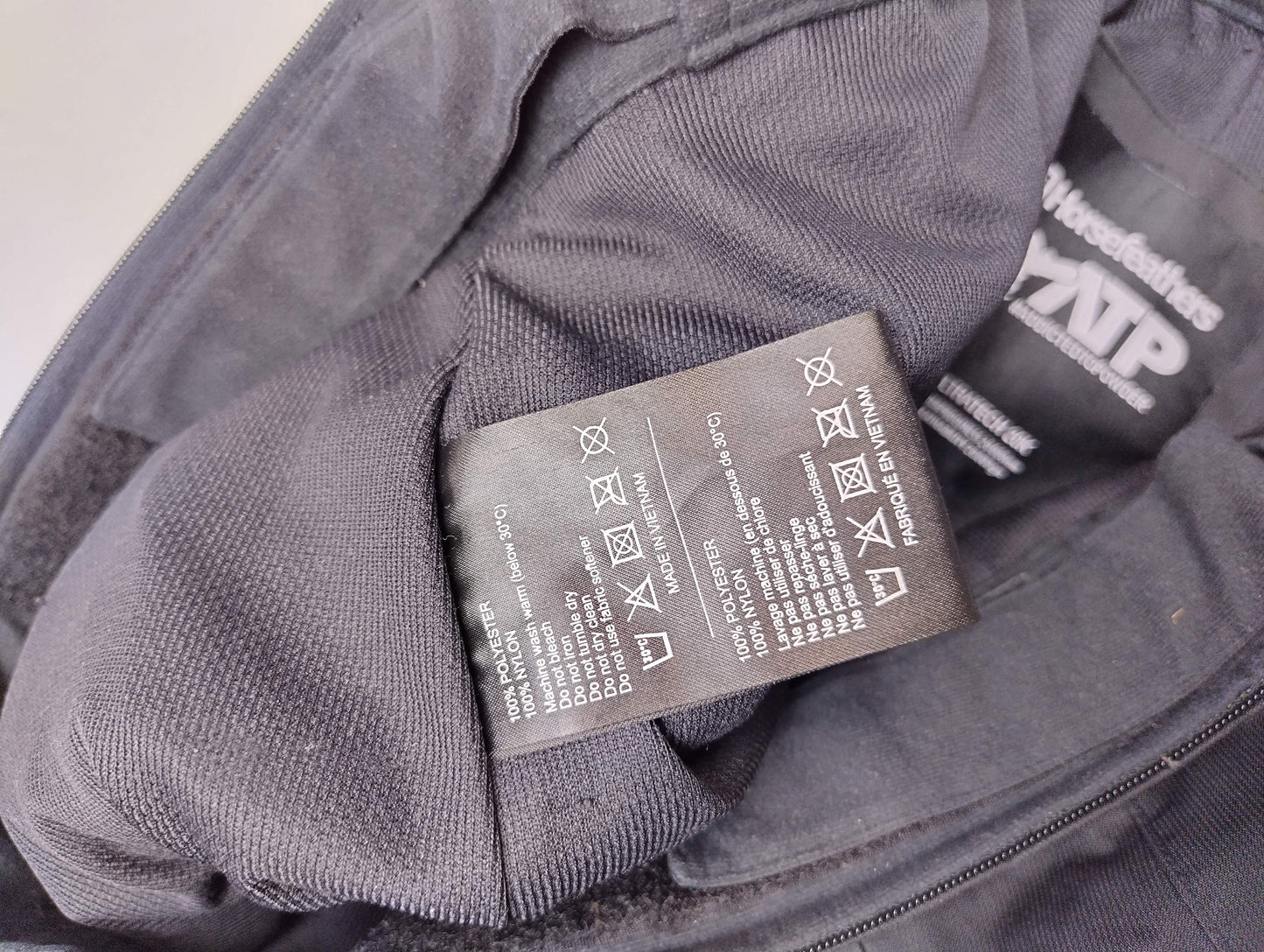 Washing instructions label on Horsefeathers snow pants