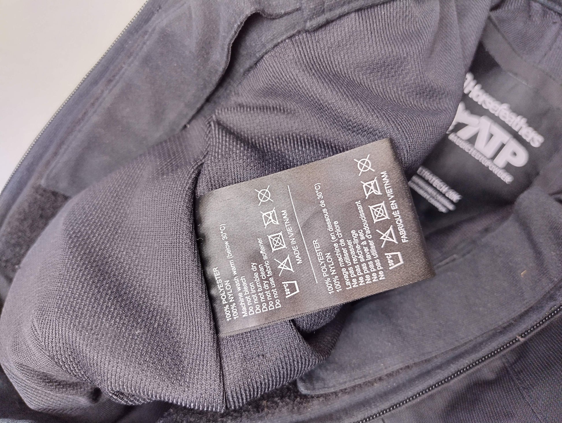 Washing instructions label on Horsefeathers snow pants