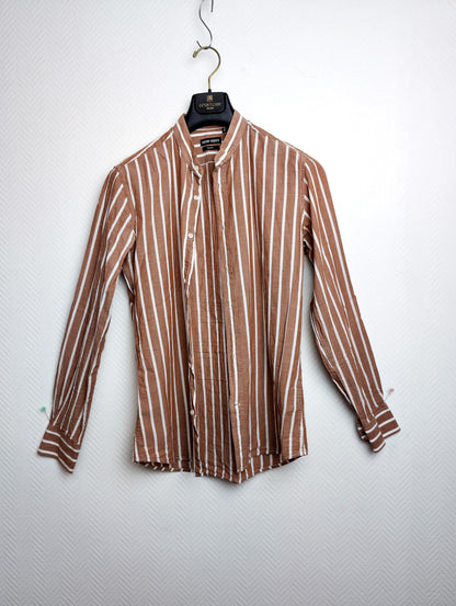 Front view of the brown and white striped shirt