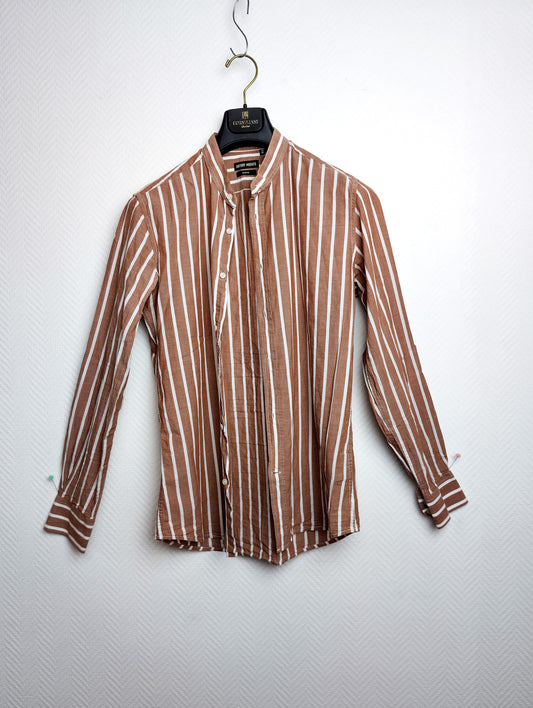Front view of the brown and white striped shirt