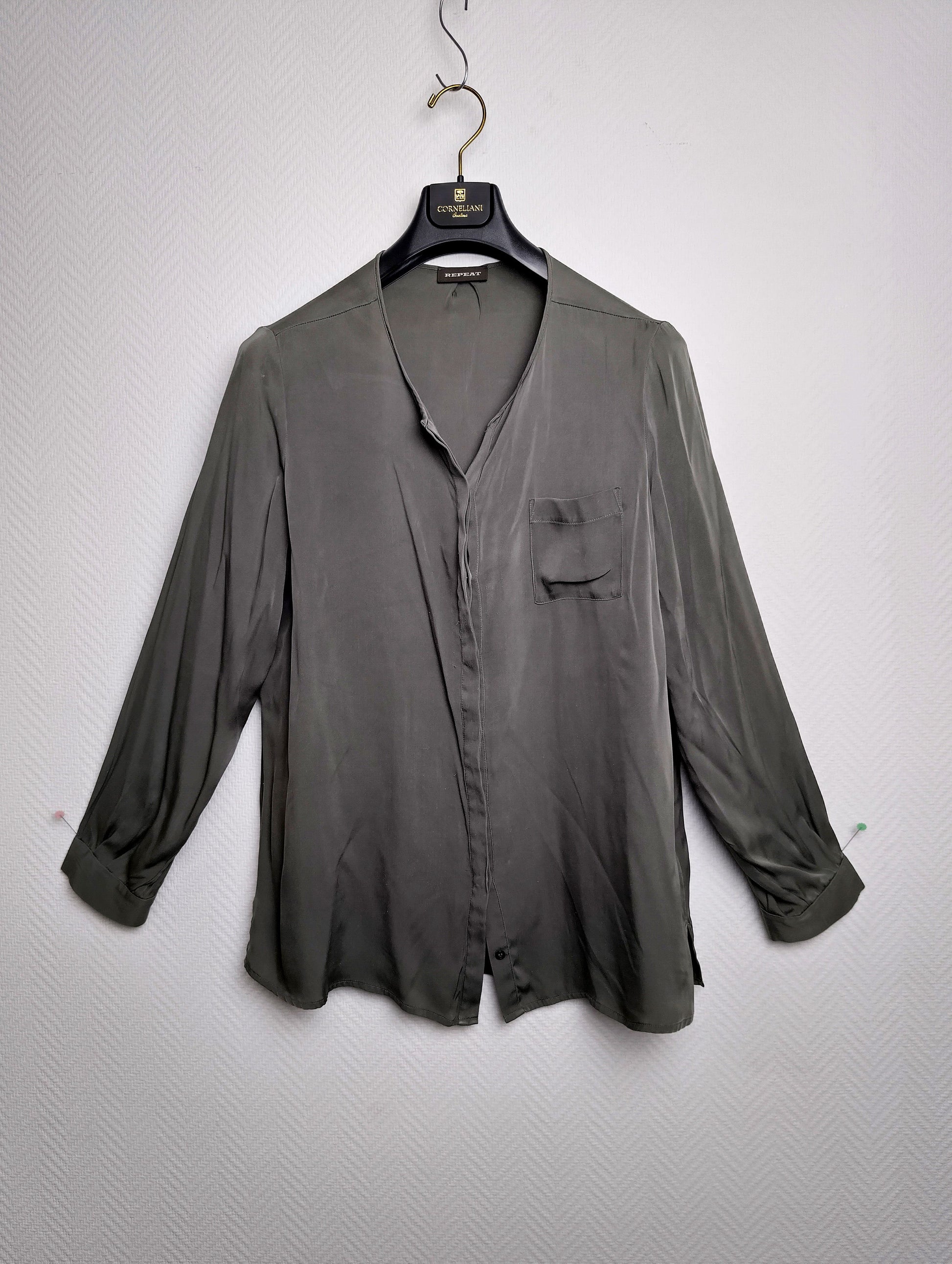 Front view of the olive green shirt
