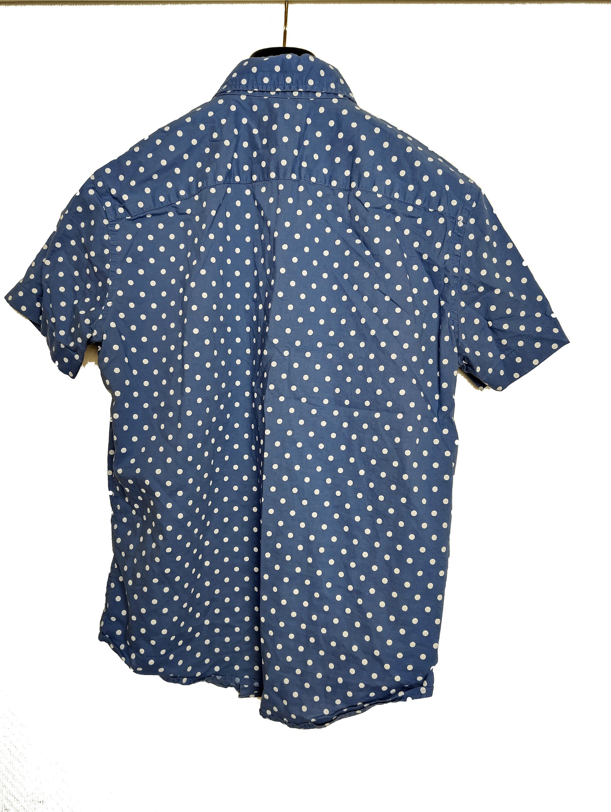 Back view of a blue polka dot shirt