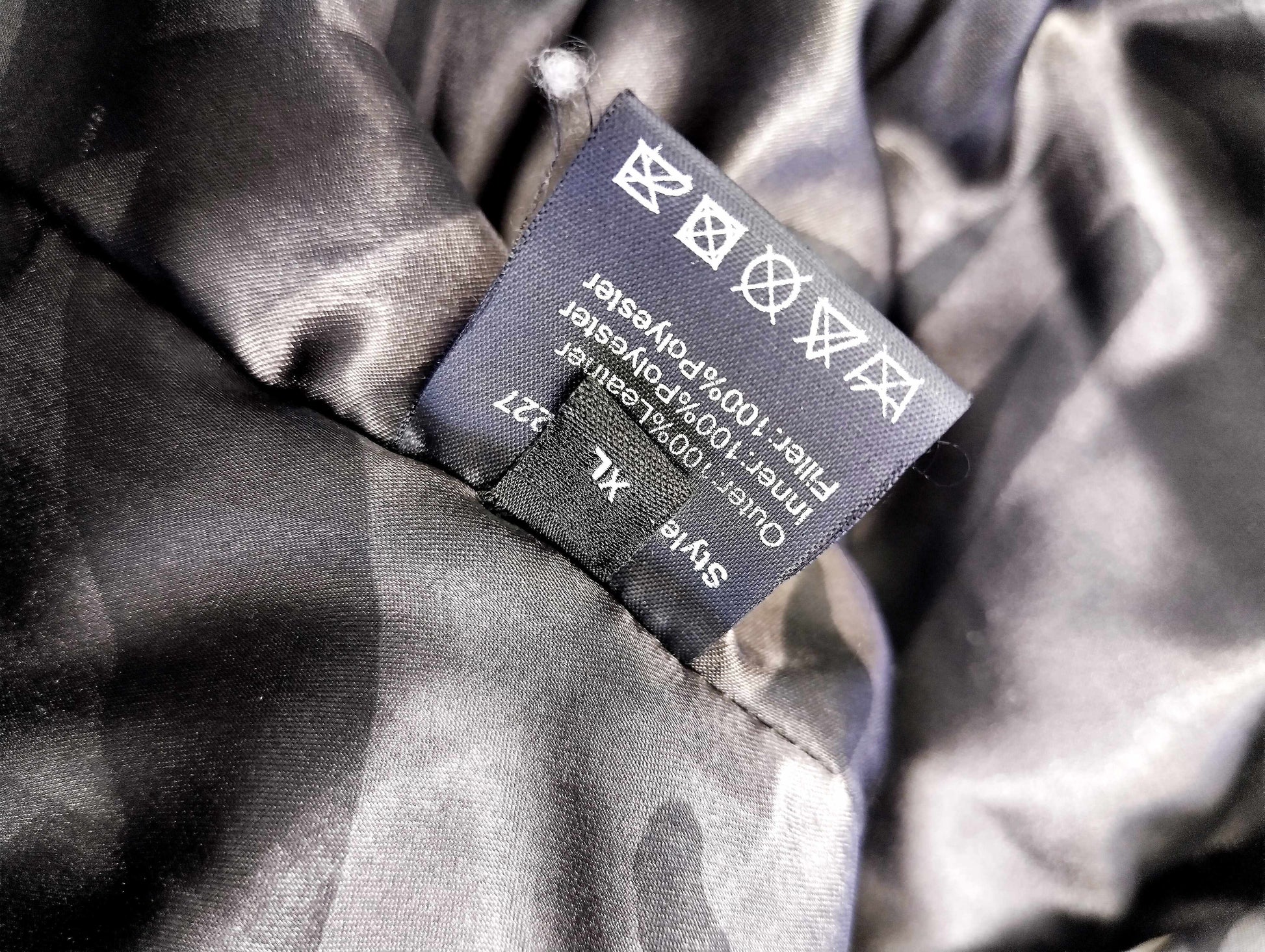 Care label of the jacket showing materials and instructions