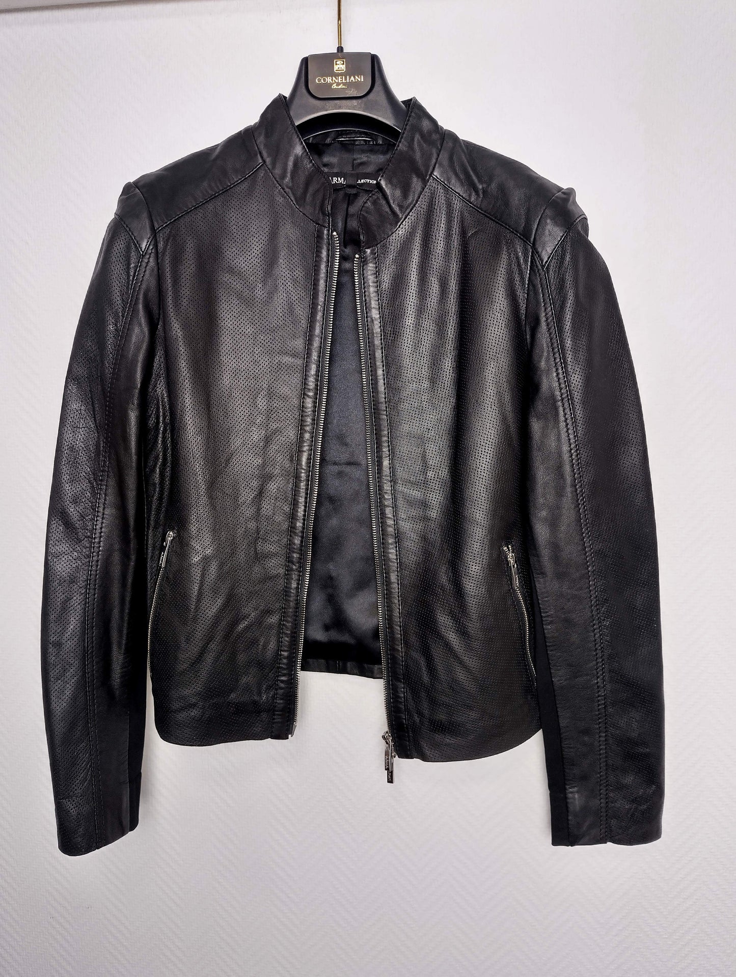Front view of black leather jacket