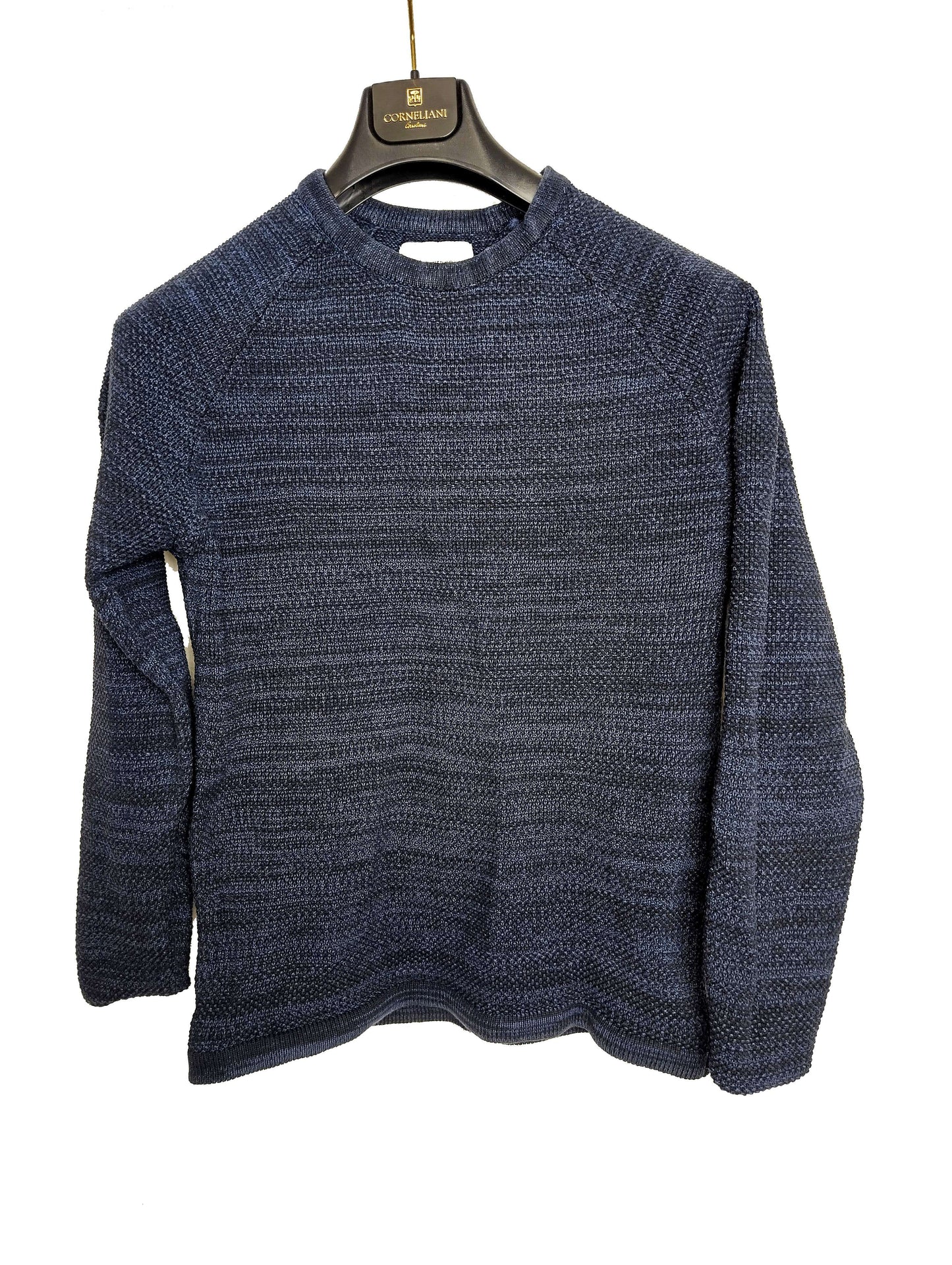 Front view of navy knit sweater