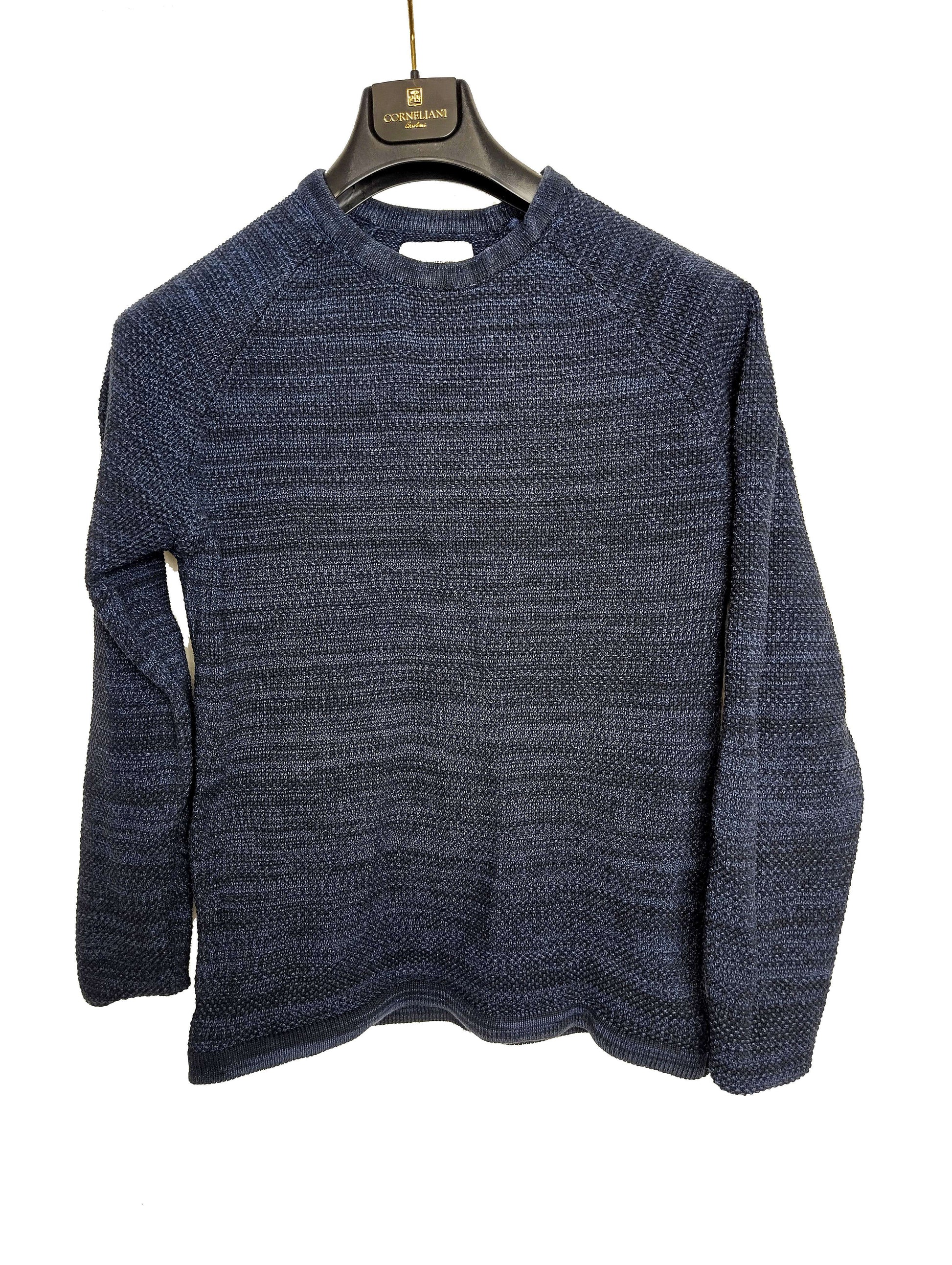 Front view of navy knit sweater