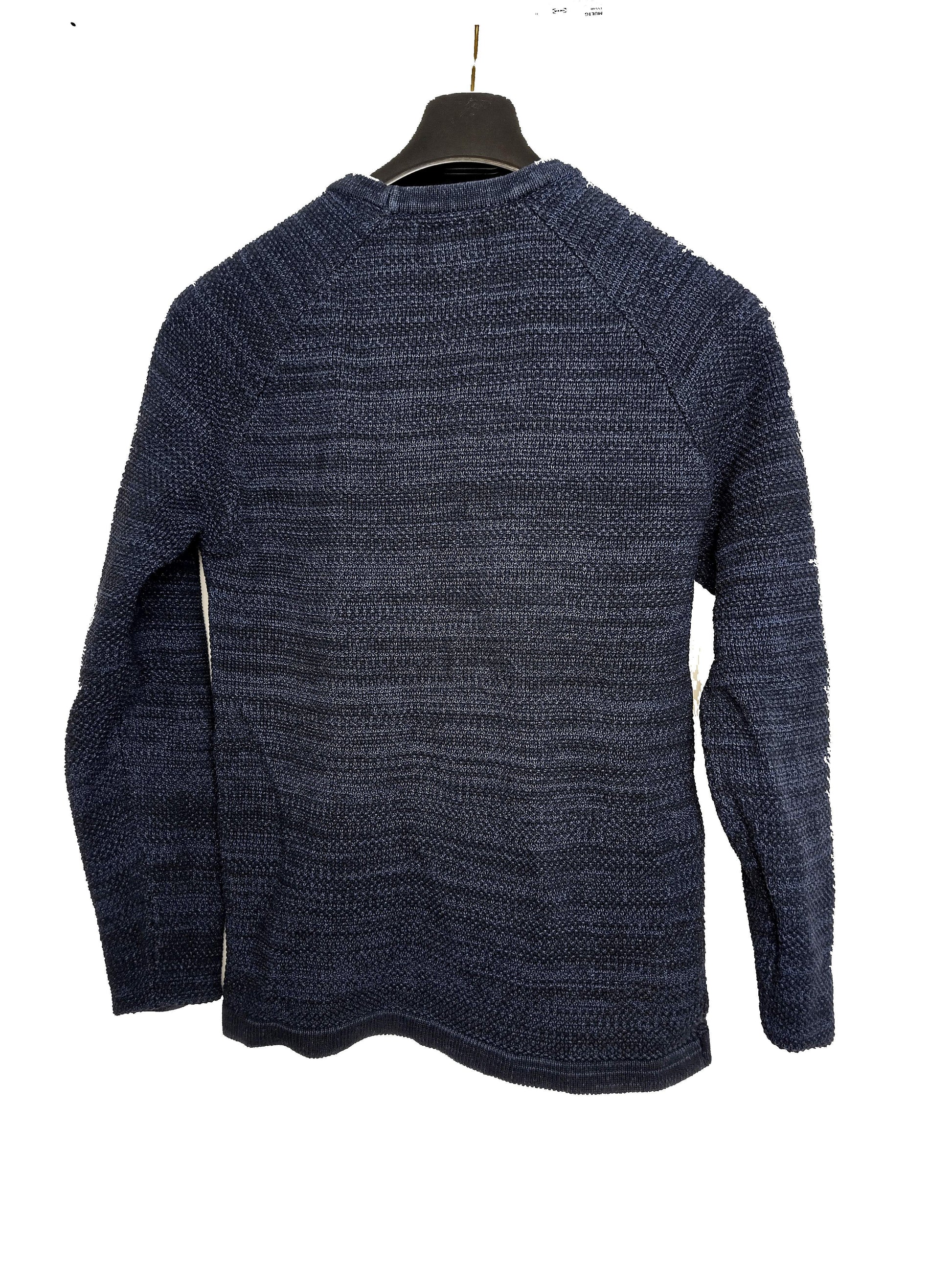 Back view of navy knit sweater