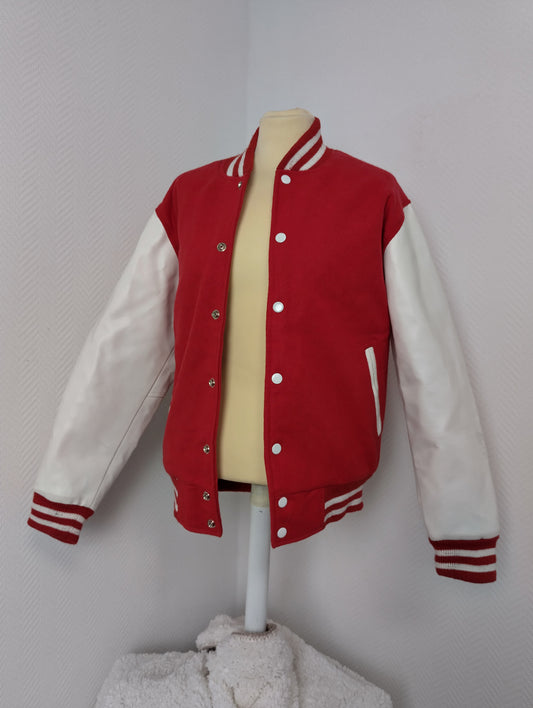 Red and white varsity jacket front view