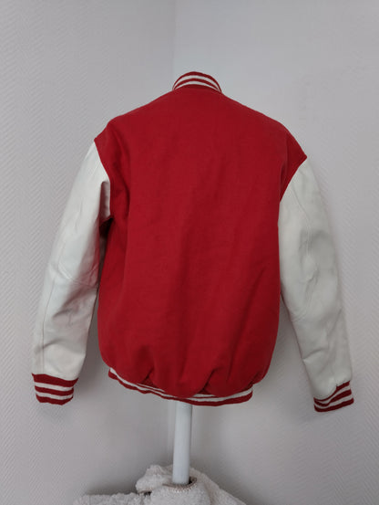 Red and white varsity jacket back view