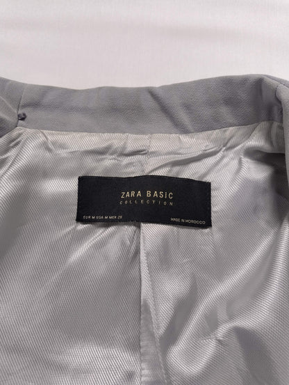 Close-up of Zara Basic label inside gray blazer