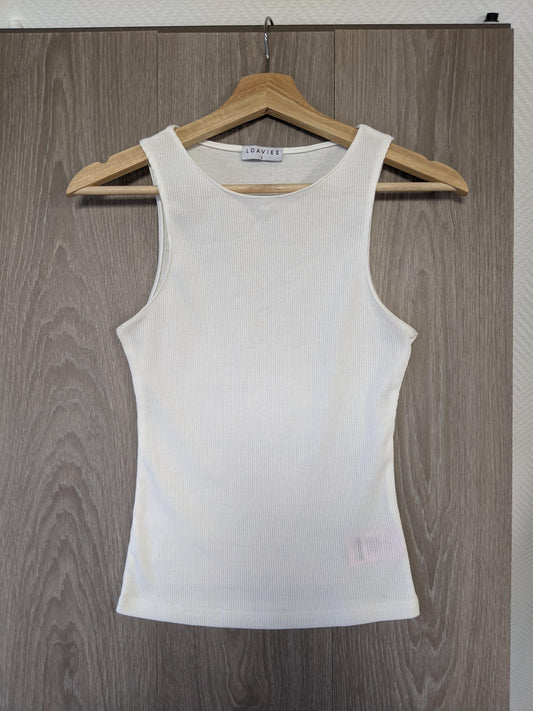 Front view of Loavies white ribbed tank top