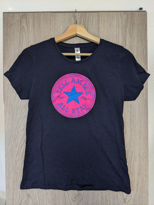 Front view of the black t-shirt with a colorful graphic