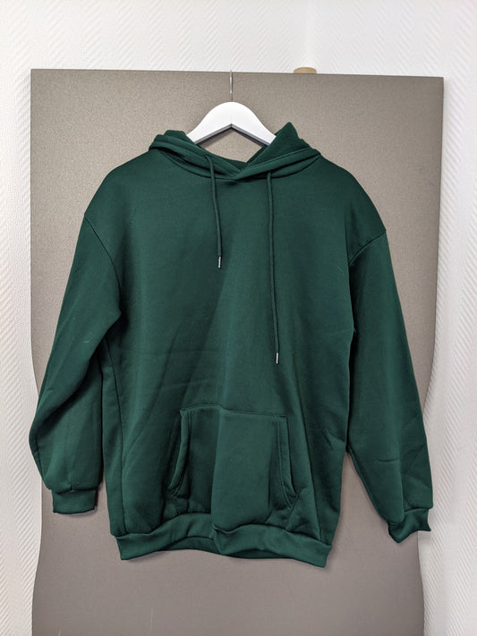 Front view of green hoodie on hanger