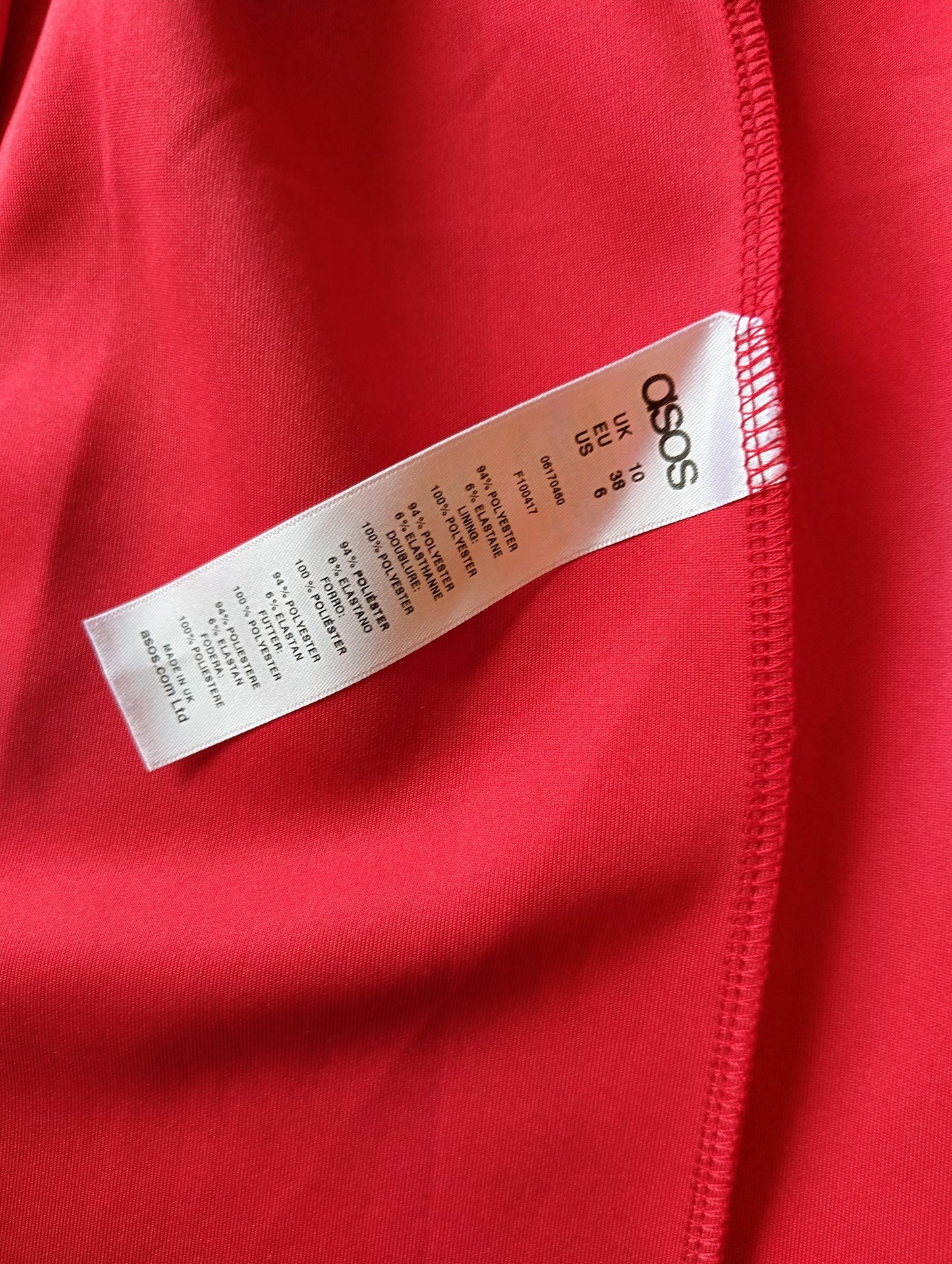 Close-up of ASOS tag and fabric details
