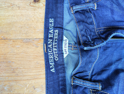 Close-up of American Eagle branding and super stretch label inside jeans