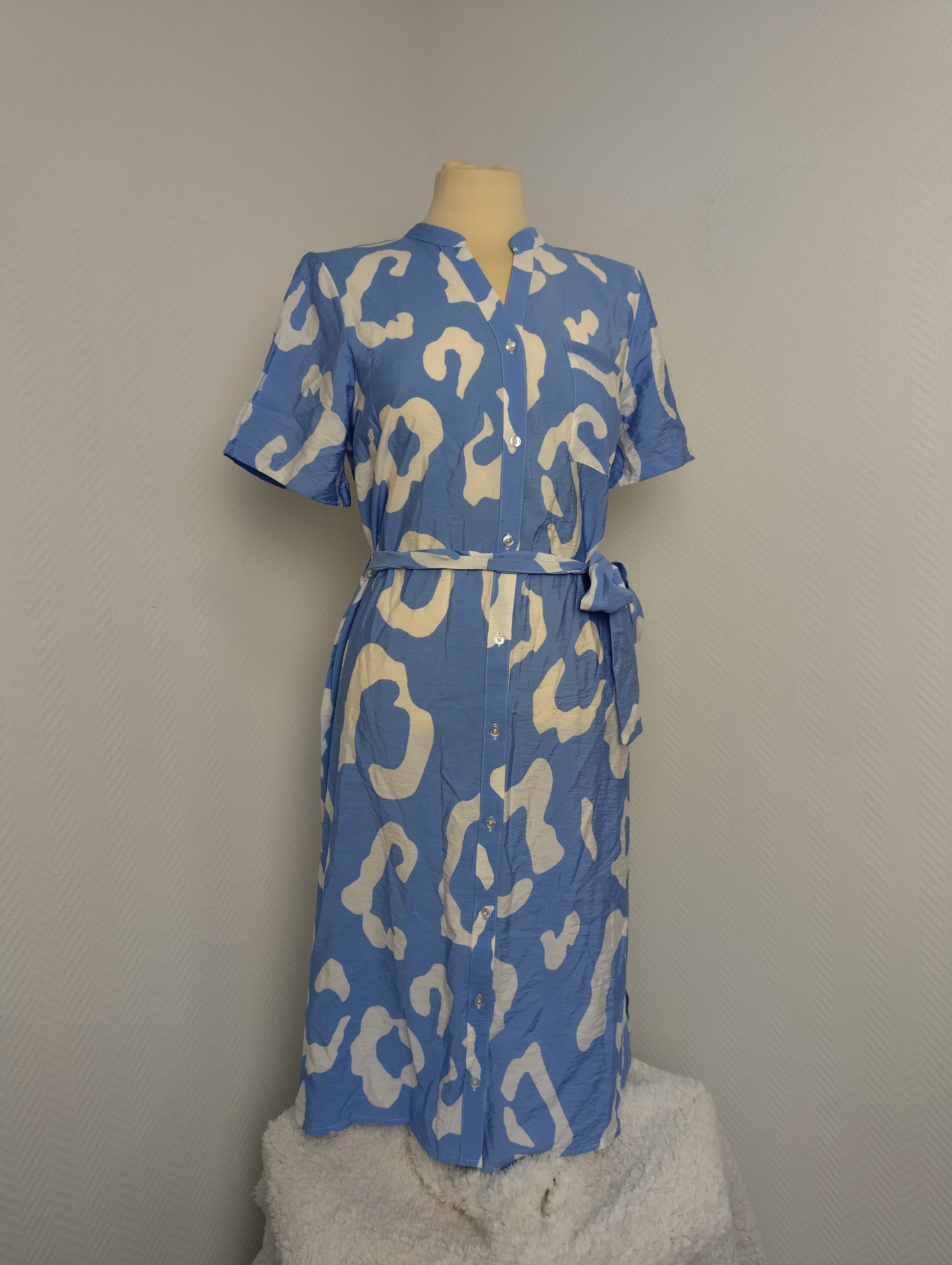 Front view of blue and white shirt dress